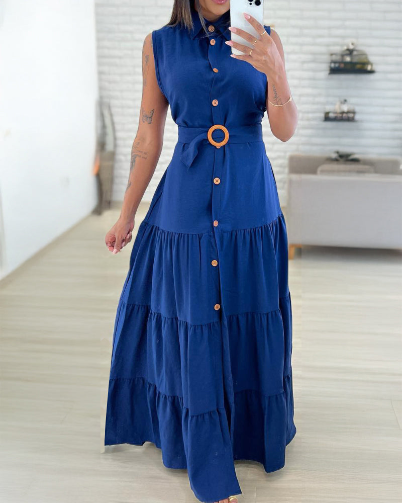 Turn-down Collar Sleeveless Button Front Dress Casual Belted Slit Ruched Maxi Dress