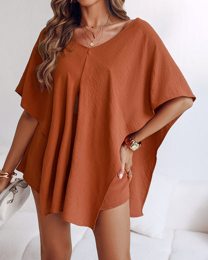 3 Pieces Outfit Solid Off Shoulder Split Sleeve Convertible Crop Top and Casual Elastic Waist Skorts Set With Bandeau(Without Belt)