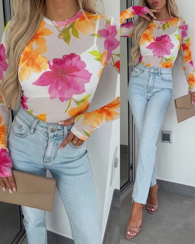 Women's Floral Print Sheer Mesh Top Long Sleeve Slim Fit Crewneck Layering Top with Thumb Hole Cuffs