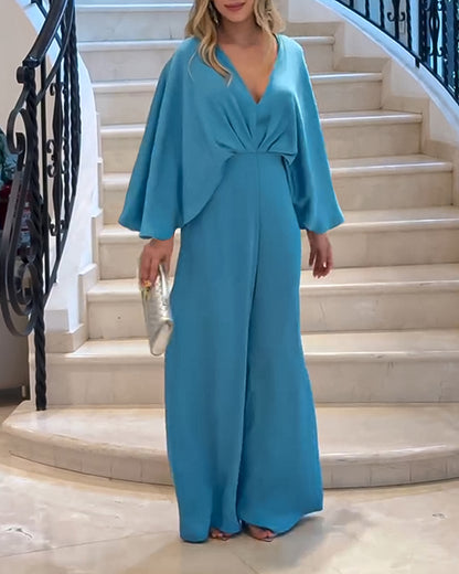Plunge V Neck Ruched Batwing Sleeve Jumpsuit Casual Wide Leg Romper
