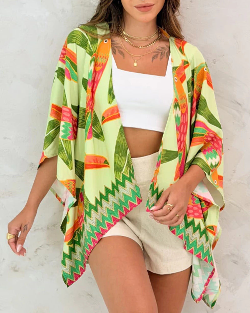 Allover Parrot Print Open Front Half Sleeve Cover-up Casual Hollow-out Back Loose Fit Cardigan