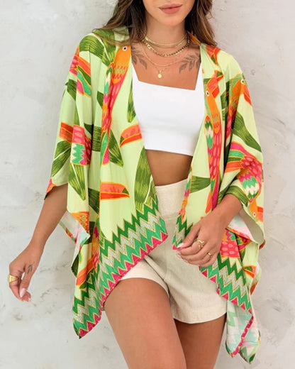 Allover Parrot Print Open Front Half Sleeve Cover-up Casual Hollow-out Back Loose Fit Cardigan