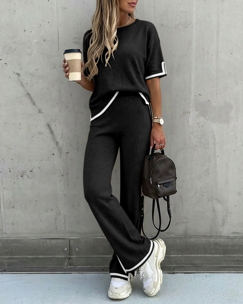 2 Pieces Outfit Round Neck Short Sleeve High-Low Hem Top and Elastic Waist Straight Leg Pants Set Casual Contrast Paneled Side Slit Knit Loungewear Set