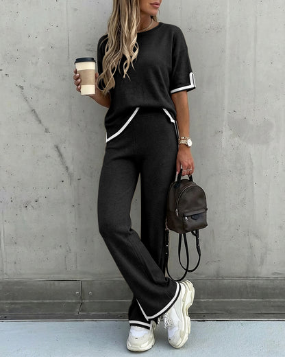 2 Pieces Outfit Round Neck Short Sleeve High-Low Hem Top and Elastic Waist Straight Leg Pants Set Casual Contrast Paneled Side Slit Knit Loungewear Set