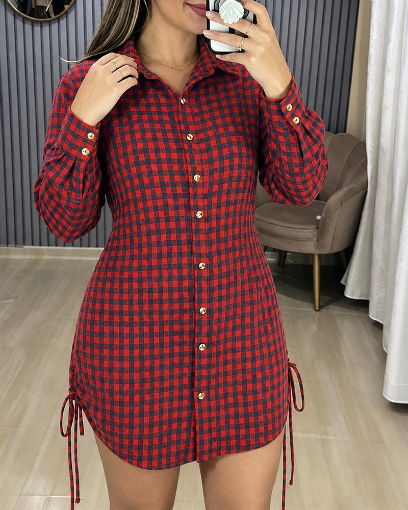 Women's Vintage Plaid Drawstring Long Sleeve Casual Dress Shirred Button Down Shirt Dress