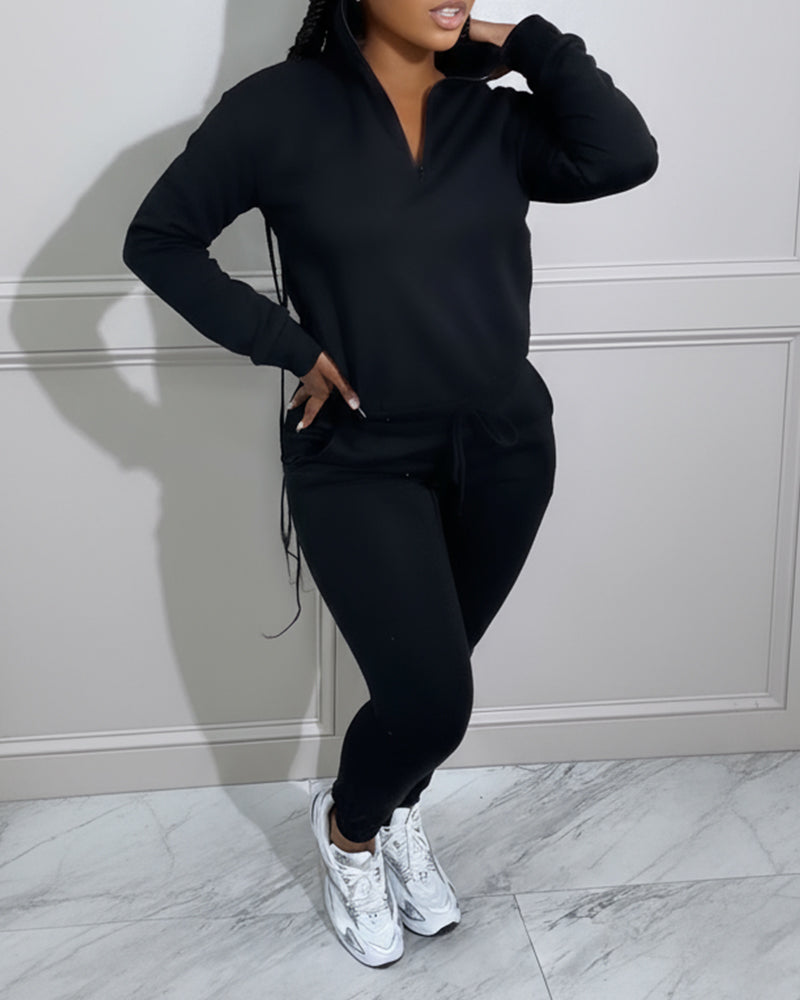 2 Pieces Outfit High Neck Half Zip Drop Shoulder Top and Drawstring Elastic Waist Slim Fit Jogger Pants Set Casual Tracksuit