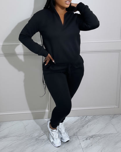 2 Pieces Outfit High Neck Half Zip Drop Shoulder Top and Drawstring Elastic Waist Slim Fit Jogger Pants Set Casual Tracksuit