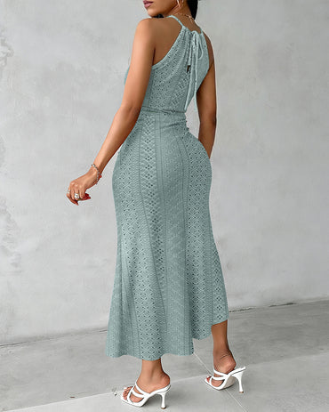 Halter Tie Criss Cross Front Knit Jacquard Textured Slit Dress Casual Hollow-out Draped Vacation Dress