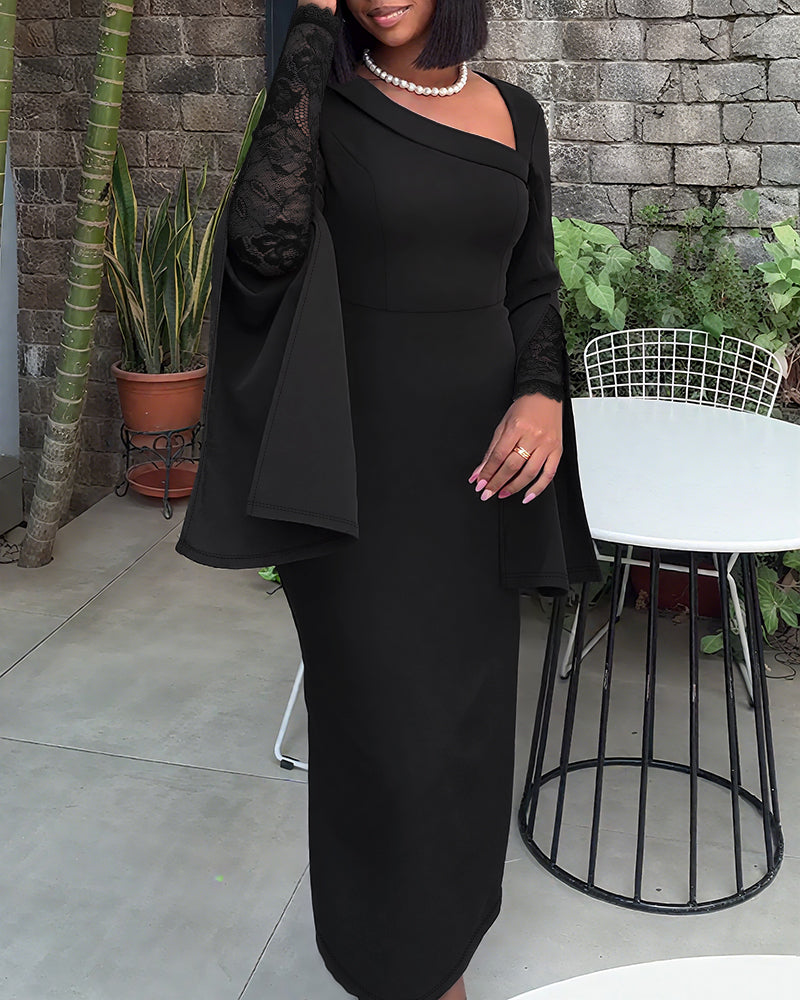 Asymmetrical Foldover Neck Lace Long Sleeve with Split Sleeve Overlay Party Dress Slim Fit Zipper Back Slit Commuting Dress