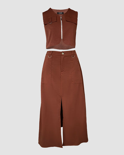 2 Pieces Outfit Sleeveless Zipper Front Metal Decor Crop Vest and High Waist Slit Elastic Back Waist Maxi Dress Set