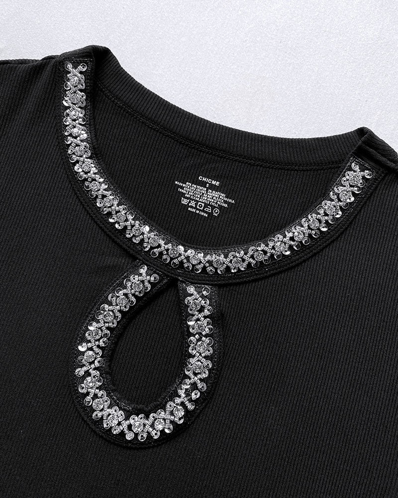 Rhinestone Decor Keyhole Neck Hollow Water Drop Ribbed Top Long Sleeve Slim Fit Layering Top