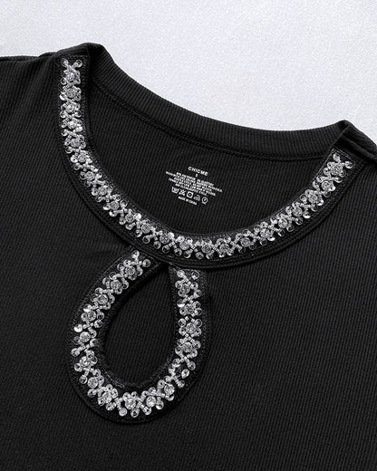 Rhinestone Decor Keyhole Neck Hollow Water Drop Ribbed Top Long Sleeve Slim Fit Layering Top