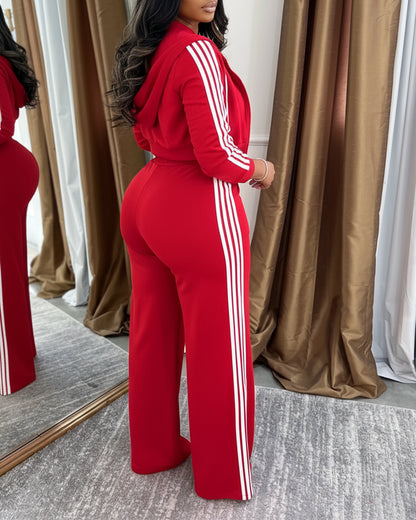 2 Pieces Outfit Zip Up Drawstring Hoodie Crop Coat and Drawstring Elastic Waist Wide Leg Pants Set Casual Contrast Side Striped Tracksuit