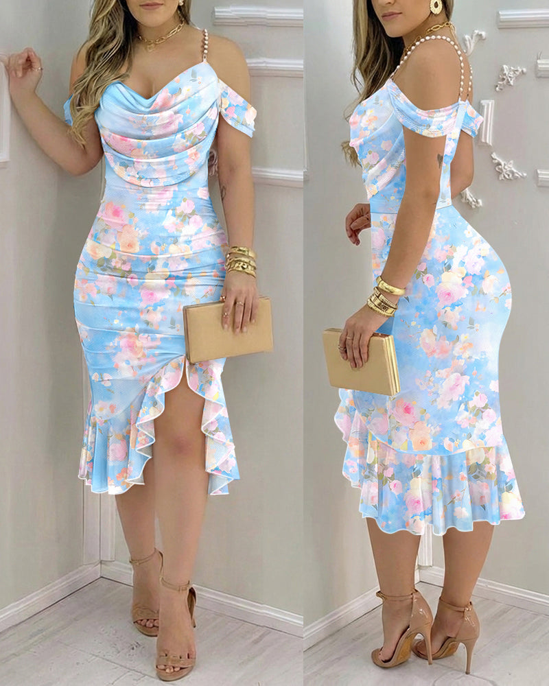 Women's Floral Mesh Midi Dress Pearl Strap Cowl Neck Ruffle Slit Bodycon Dress Vacation Party Dress