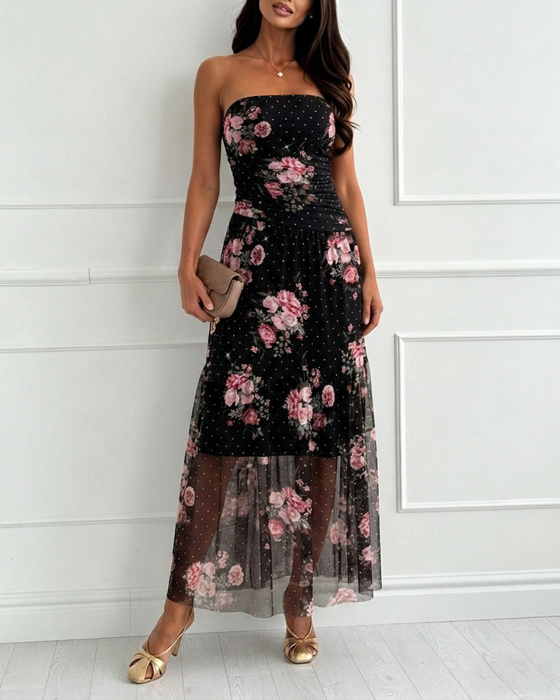 Women's Floral Strapless Mesh Dress Rhinestone Ruffle Hem Vacation Dress Cocktail Party Dress with Detachable Clear Straps