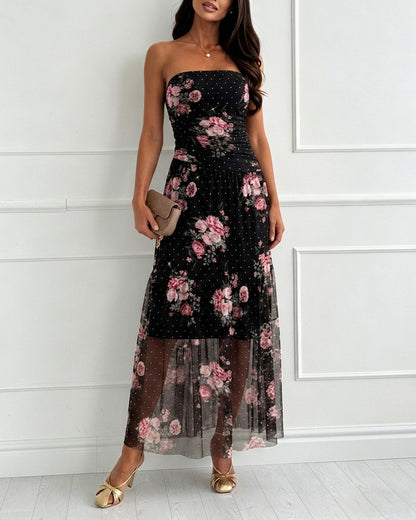 Women's Floral Strapless Mesh Dress Rhinestone Ruffle Hem Vacation Dress Cocktail Party Dress with Detachable Clear Straps