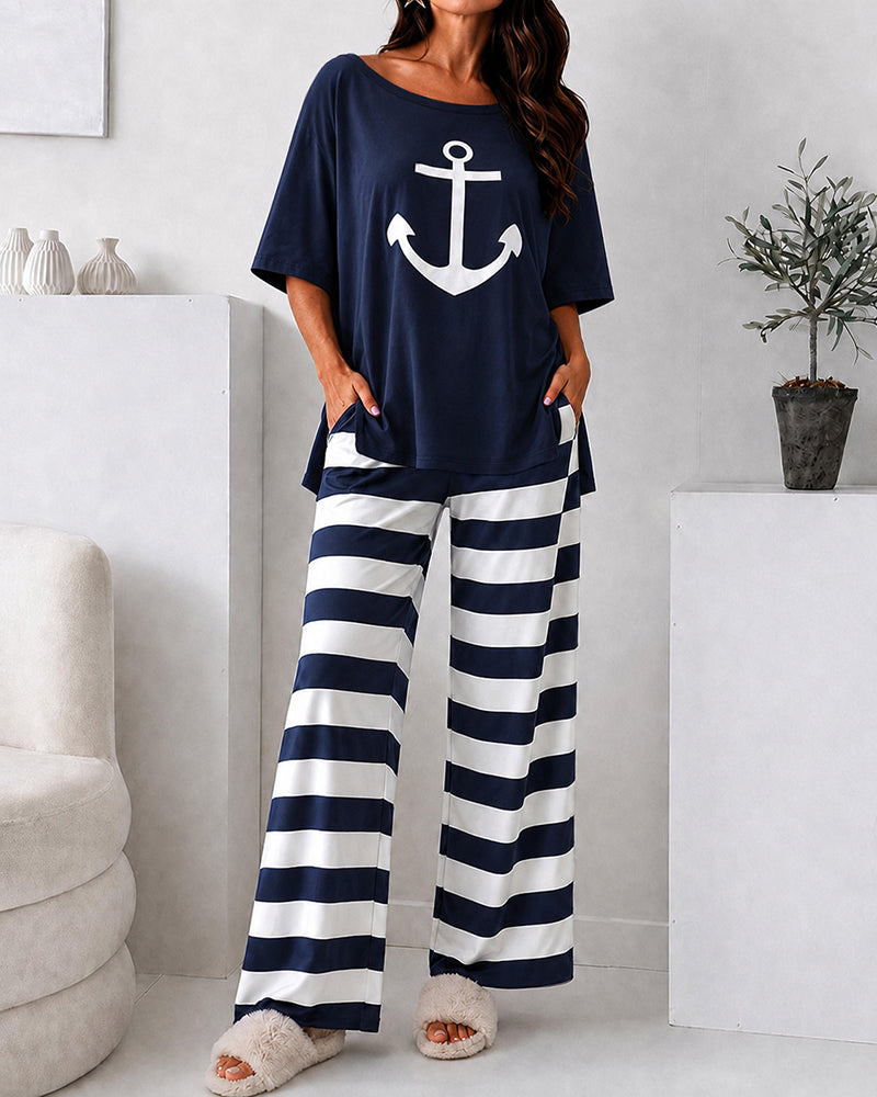 Women's Loungewear Set Anchor Print Side Slit Top and Striped Straight Leg Pants Set Casual Pajamas Set with Pockets