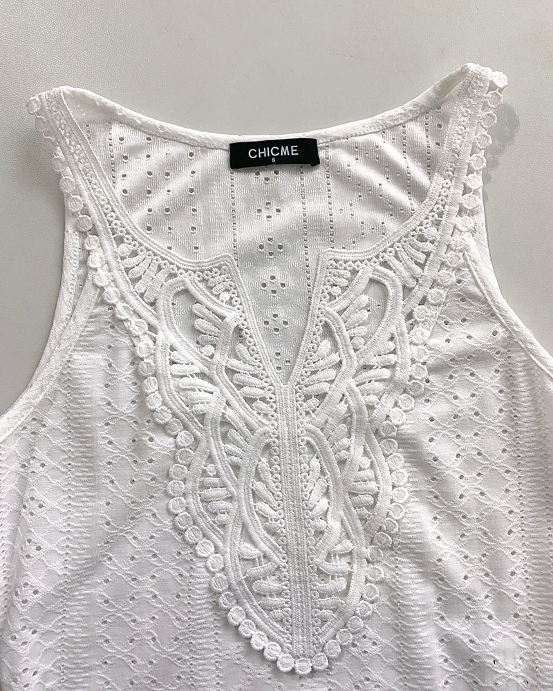 Contrast Lace V Neck Jacquard Knit Tank Casual Hollow Out Skinny Sleeveless Top
