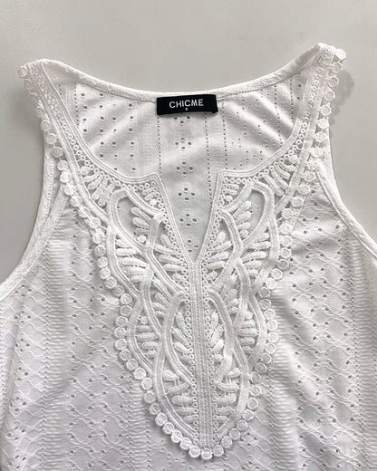 Contrast Lace V Neck Jacquard Knit Tank Casual Hollow Out Skinny Sleeveless Top