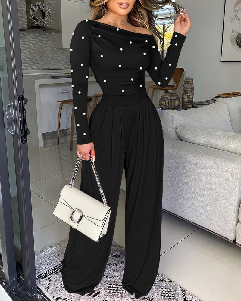 Pearls Decor Skew Neck Long Sleeve Cinched Waist Overalls Casual Ruched Zipper Back Wide Leg Jumpsuit