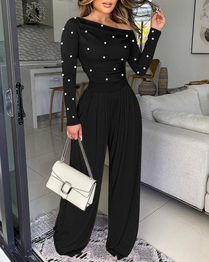Pearls Decor Skew Neck Long Sleeve Cinched Waist Overalls Casual Ruched Zipper Back Wide Leg Jumpsuit