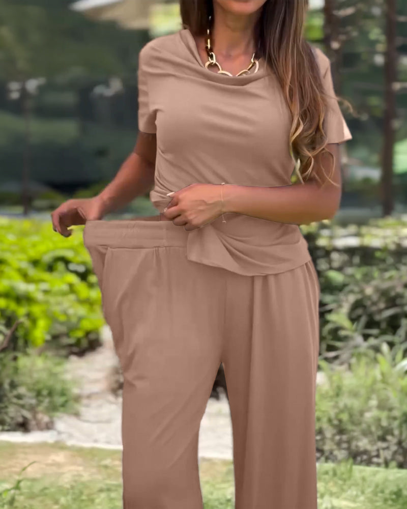 Women's Two Piece Set Cowl Neck Ruched Asymmetrical Top and High Waist Wide Leg Pants with Pockets