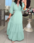 Women's V Neck Three Quarters Sleeve Maxi Dress Shirred Back Ruffle Hem Dress Elegant Flowy Chiffon Dress