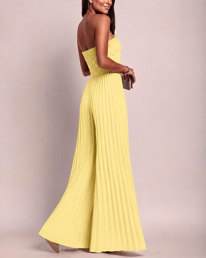 Women's Strapless Jumpsuit Elegant Gold Button Tube Overalls Shirred Pleated High Waisted Wide Leg Jumpsuit with Pockets