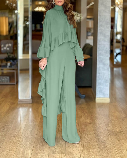2 Pieces Outfit High Neck Hollow-out Back Ruffles High-Low Hem Cape and Casual Elastic Back Waist Wide Leg Pants Set