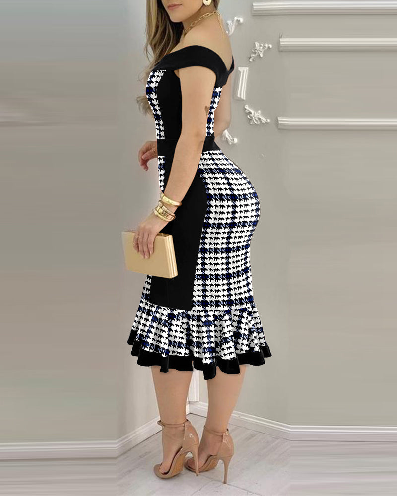 Houndstooth Print Off Shoulder Bodycon Dress Ruffle Hem Vintage Mid-length Dress