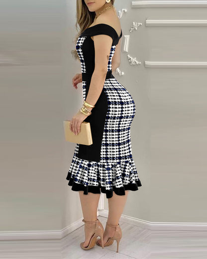 Houndstooth Print Off Shoulder Bodycon Dress Ruffle Hem Vintage Mid-length Dress