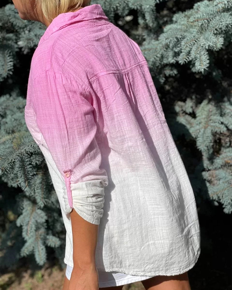 Ombre Turn-down Collar Roll Up Sleeve Half Button Front Shirt Casual Pocket Design Loose Fit Top