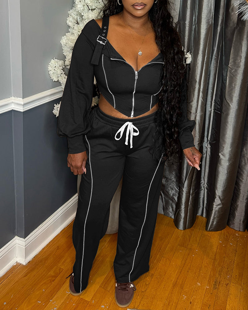 2 Pieces Outfit Trendy Long Sleeve Cold Shoulder Top and Drawstring Waist Pants with Pockets