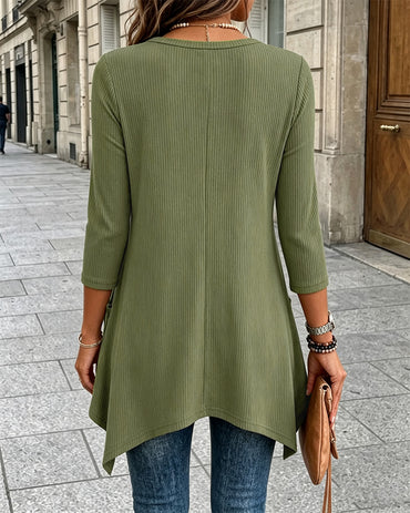 Women's Ribbed Asymmetrical Hem Top Crewneck Three Quarters Sleeve A-Line Casual Top