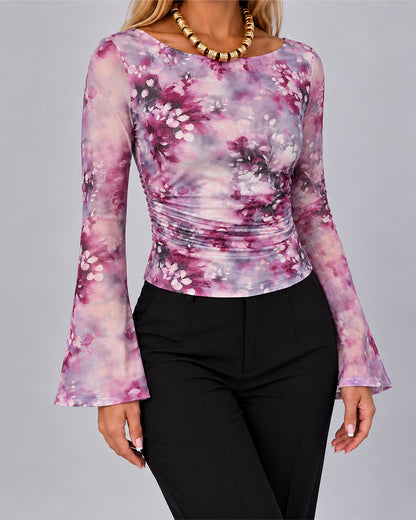 Women's Floral Print Gold Foil Sheer Mesh Boat Neck Flare Sleeve Ruched Top