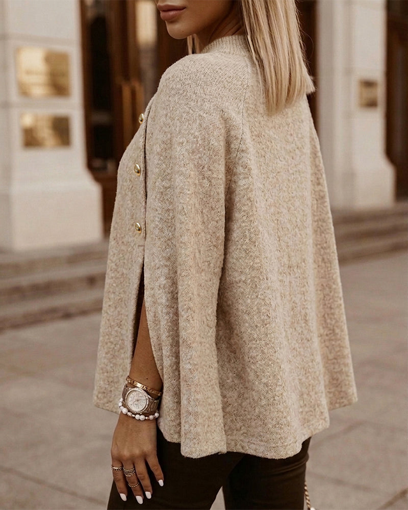 Women's Mock Neck Cape Knit Sweater Loose Old Money Style Pullover Side Slit Batwing Sleeve Winter Warm Cozy Top