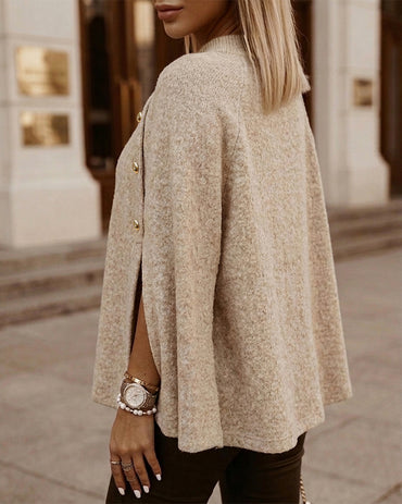 Women's Mock Neck Cape Knit Sweater Loose Old Money Style Pullover Side Slit Batwing Sleeve Winter Warm Cozy Top