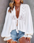 Butterfly Pattern Decor Deep V Neck Long Sleeve Blouse Casual Tie Front Flared Cuffs Lace Trim A-Line Hem Top