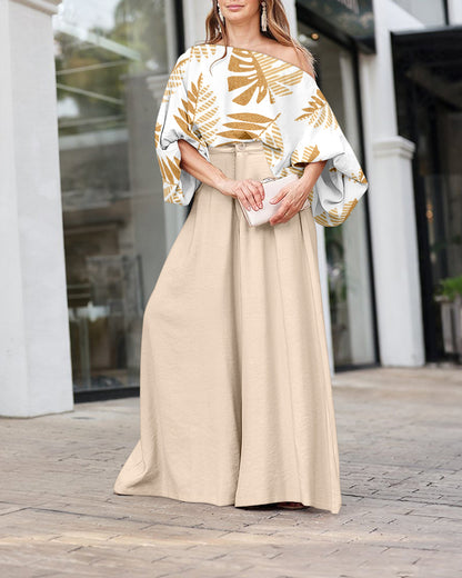 2 Pieces Outfit Tropical Leaves Print Skew Neck Batwing Sleeve Stretchy Hem Top and Zipper Fly Elastic Back Waist Wide Leg Pants Set Casual Loose Fit Set