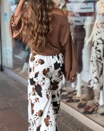 2 Pieces Outfit Skew Neck Batwing Sleeve Loose Fit Top and Cow Print Elastic Back Waist Zipper Side Wide Leg Pants Set without Belt