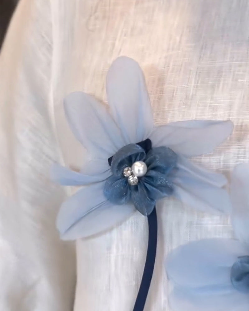 Pearls & Rhinestone Decor 3D Floral Appliques Frill Hem Cuffs Linen Tee Casual Loose Fit Top