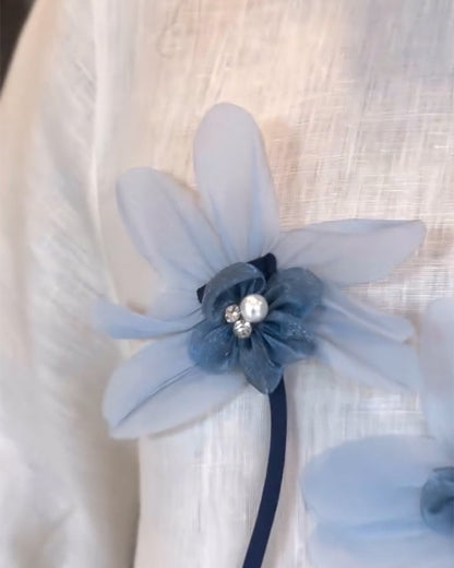 Pearls & Rhinestone Decor 3D Floral Appliques Frill Hem Cuffs Linen Tee Casual Loose Fit Top