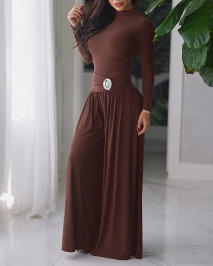Women's 2 Piece Outfits Mock Neck Long Sleeve Slim Bodysuit and Rhinestone Ruched Wide Leg Pants Set