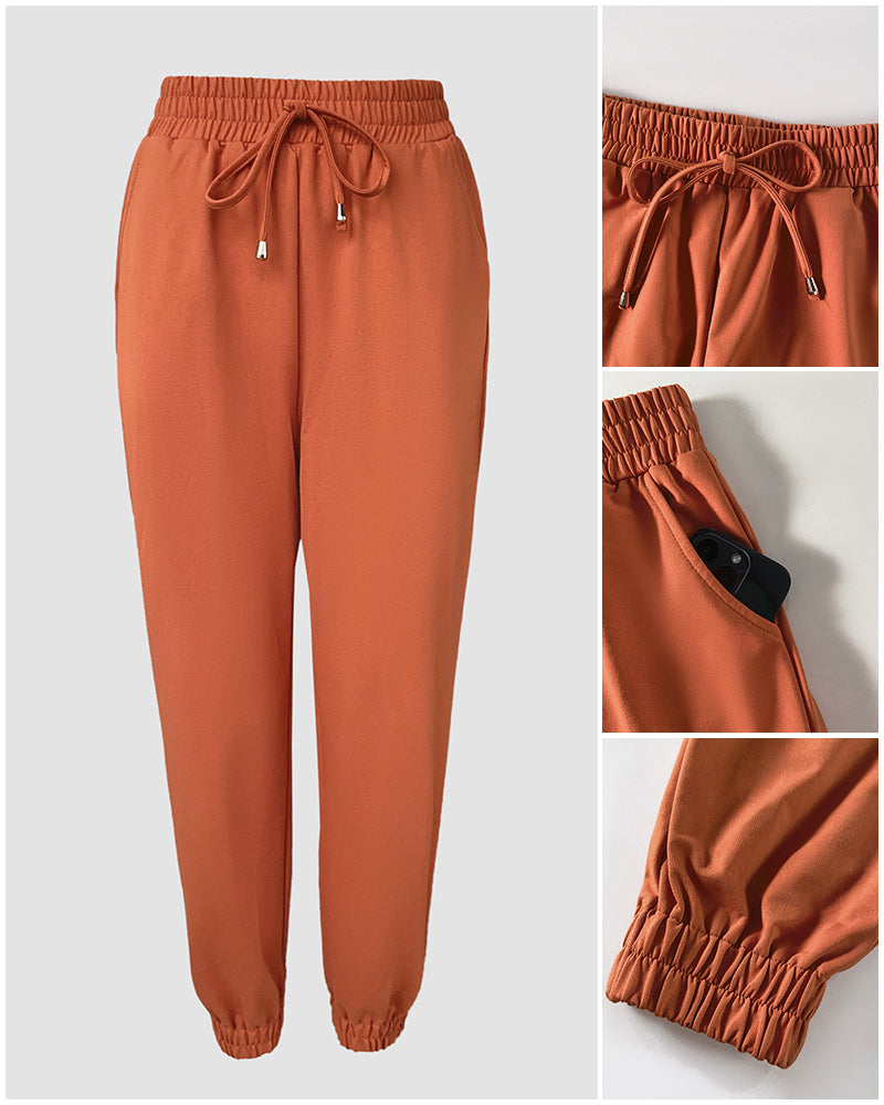 Stand Collar Long Sleeve Pocket Dec Zipper Top and Casual Elastic Waist Drawstring Pants Sets