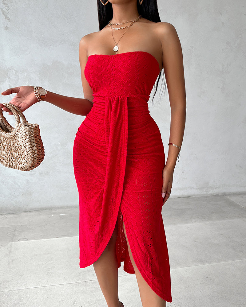 Sleeveless Ruched Cinched Waist Draped Bandeau Dress Eyelet Embroidery Slit Asymmetrical Hem Vacation Dress