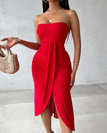 Sleeveless Ruched Cinched Waist Draped Bandeau Dress Eyelet Embroidery Slit Asymmetrical Hem Vacation Dress