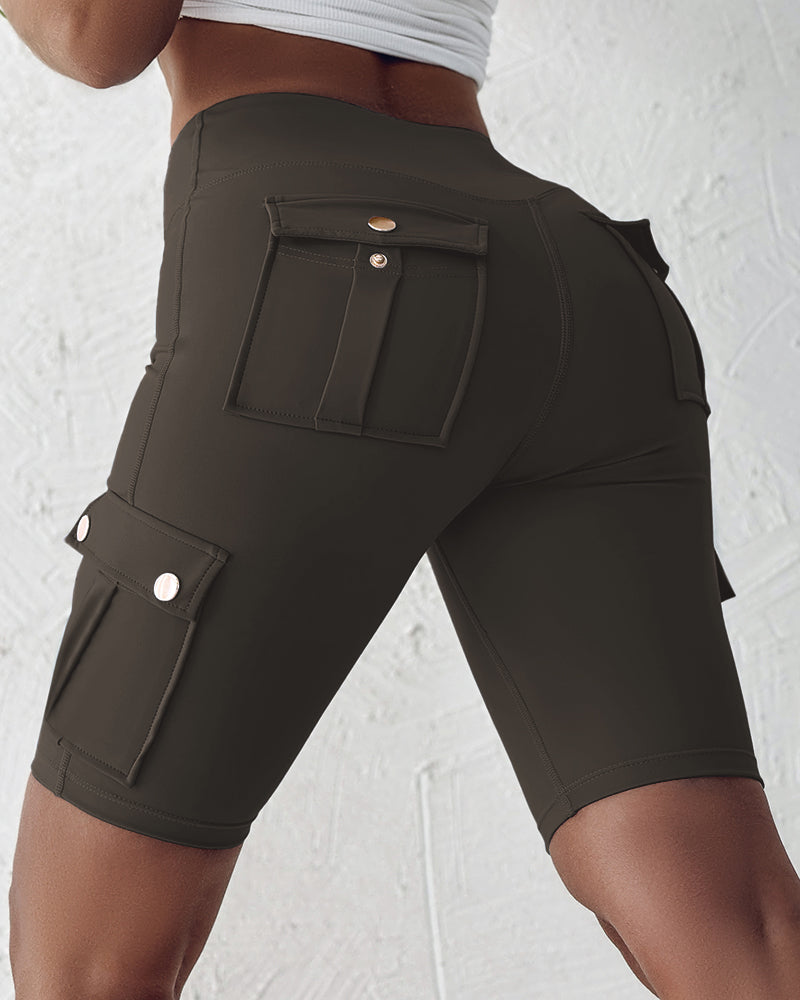 Tummy Control Butt Lifting Active Shorts High Waist Flap Pocket Workout Bermuda Cargo Running Shorts