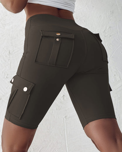 Tummy Control Butt Lifting Active Shorts High Waist Flap Pocket Workout Bermuda Cargo Running Shorts