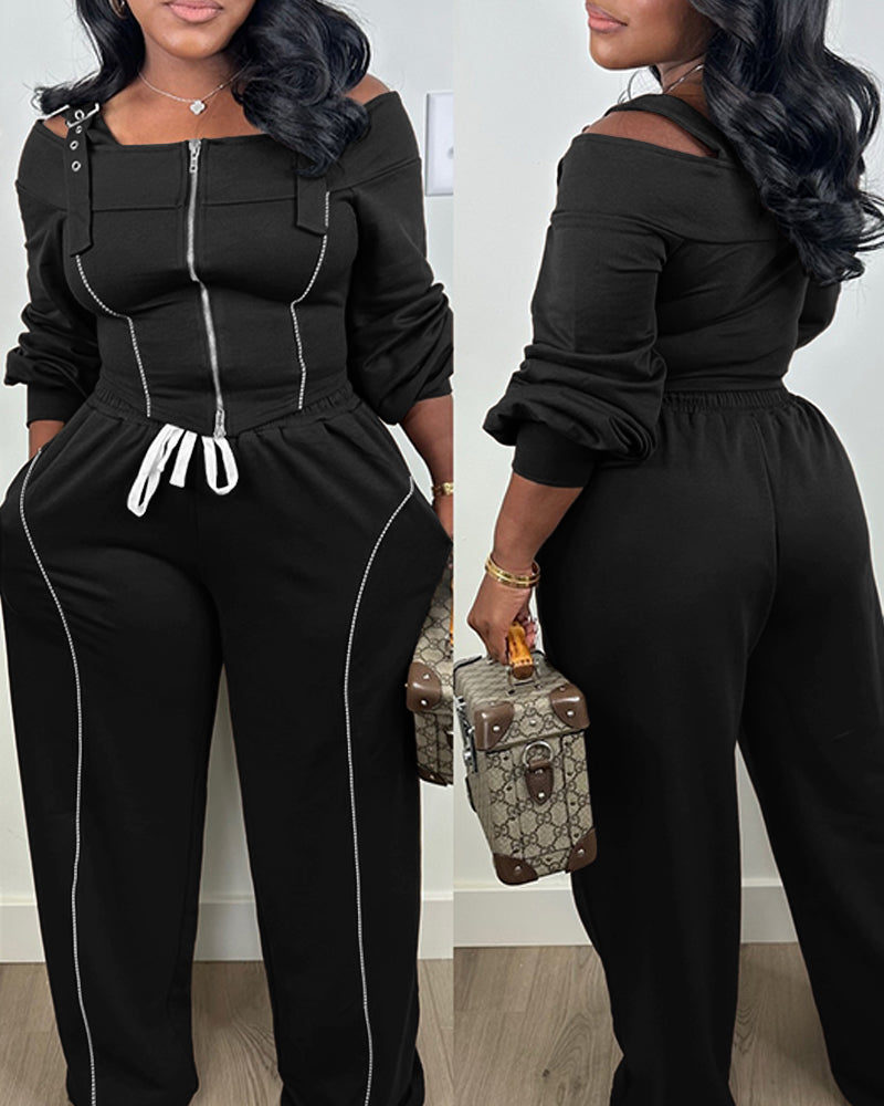 2 Pieces Outfit Trendy Long Sleeve Cold Shoulder Top and Drawstring Waist Pants with Pockets