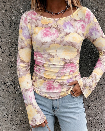 Women's Vintage Oil Painting Floral Boat Neck Flare Long Sleeve Ruched Crop Top